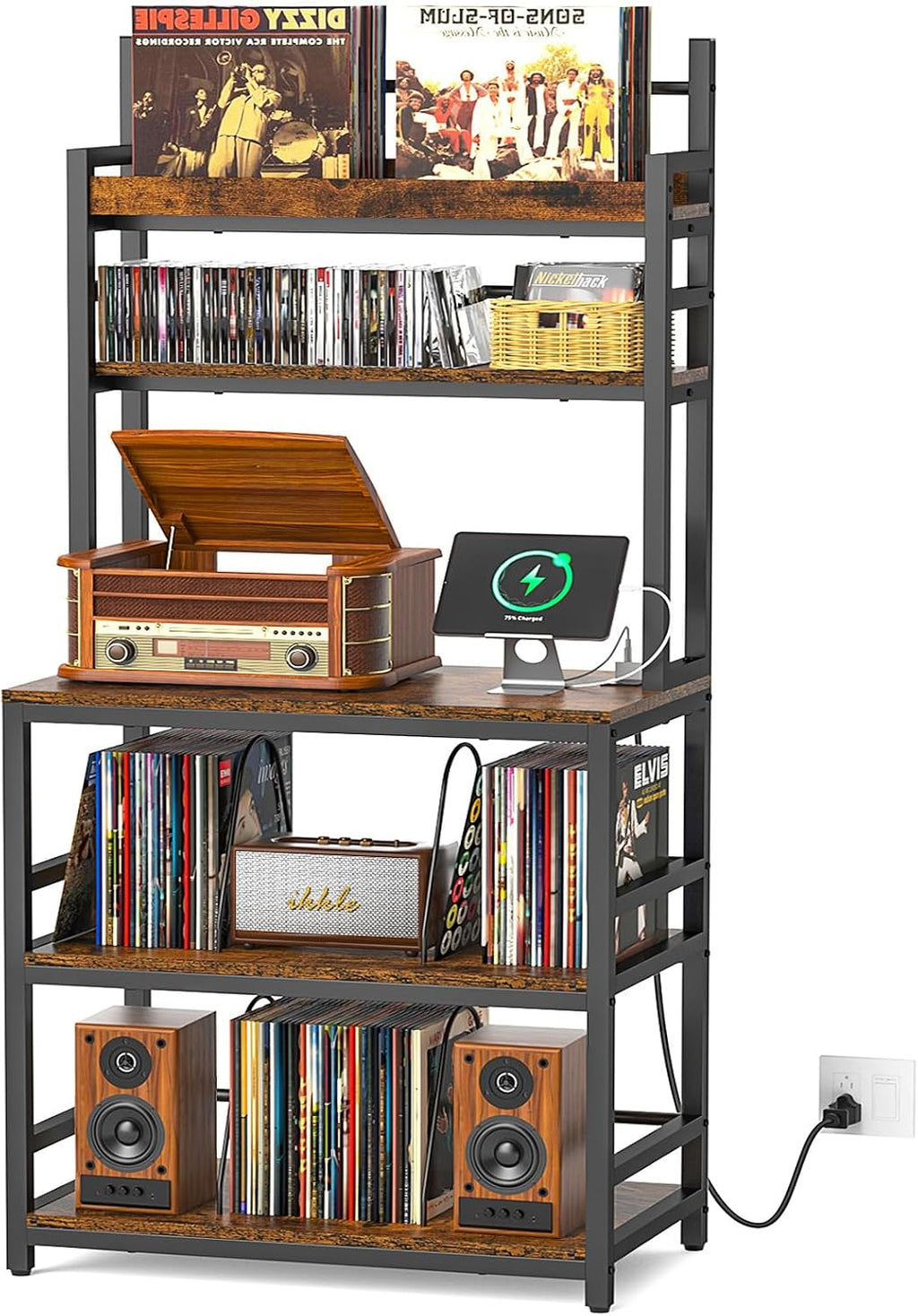 ikkle Record Player Stand with Vinyl Storage Shelf & CD/DVD Rack, 5-Tier Record Player Table w/Charging Station, Turntable Stand Vinyl Record Organizer for Living Room Bedroom, Holds Up 500+ Albums
