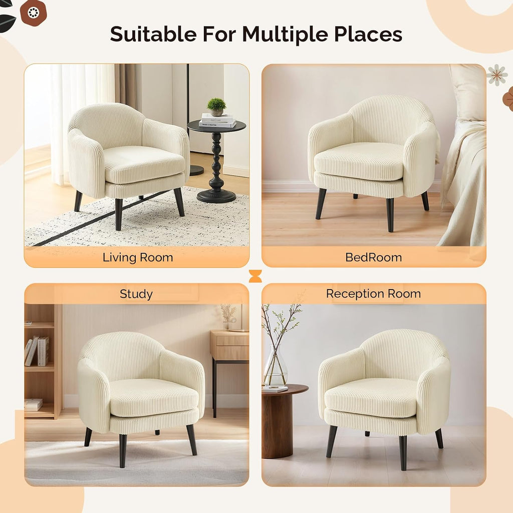 VINGLI 30.3' Wide Modern Barrel Accent Armchair with Track Armrest, Solid Wooden Legs, Comfy Upholstered Club Chair, Round Single Home Sofa for Living Room, Bedroom, Reading Room, Corduroy Beige