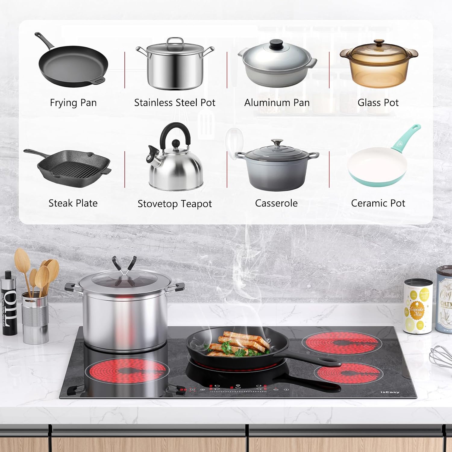 Electric Cooktop 30 Inch, IsEasy Ceramic Cooktop 5 Burners, Electric Stove Top Built-in Countertop 8200W with 9 Heating Level, 220-240V, Hard Wire, No Plug