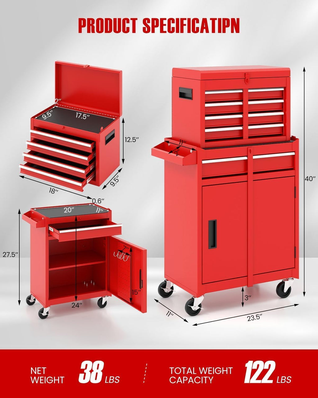 ARNOT 2-in-1 Rolling Tool Chest with 5 Drawers, Heavy-Duty Metal Tool Box with Wheels, Detachable Top Tool Box & Rolling Tool Cabinet for Garage, DIY (5-Drawers, Red)