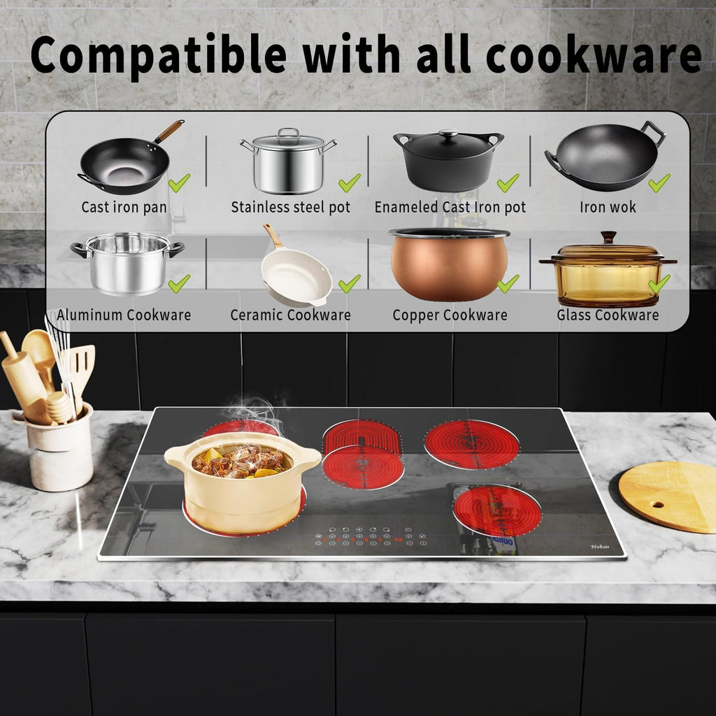36 Inch Electric Cooktop Hobsir, 5 Burner Electric Stove Top 8400W, 220V Hardwired Built-in Cook top, Dual Ring & Oval Burners Touch Control, Fits All Cookware for Kitchen Holiday Feasts