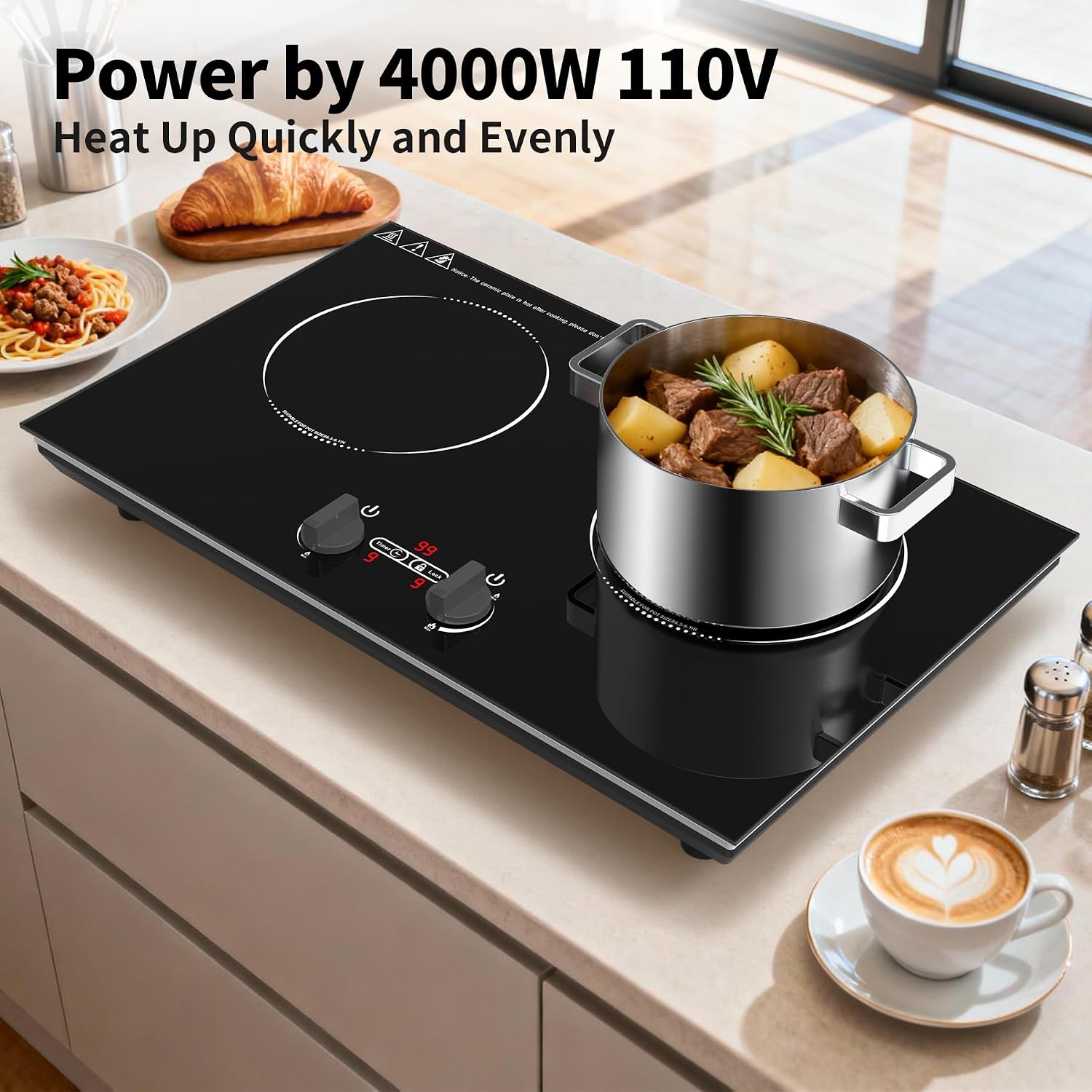 VBGK Induction Cooktop,110V 4000W Countertop burners with Knob Control,9 Power Levels, Kids Lock & Timer,LED touch control,Overheat Protection Electric stove,2 burner induction cooktop