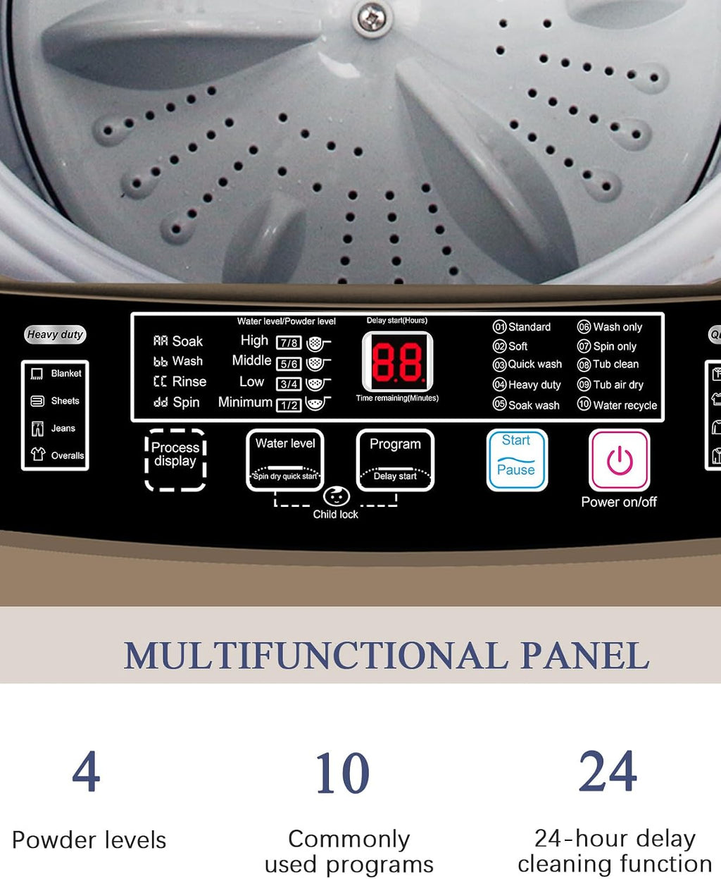 Krib Bling 17.7 lbs Full-Automatic Washing Machine with Drain Pump, Compact Washer, 10 Wash Program & 8 Water Level, Ideal for Apartment, Dorm, RV Gold