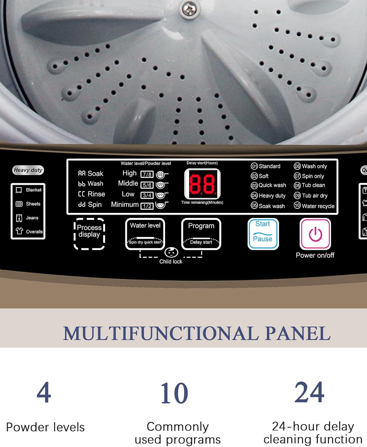 Krib Bling 17.7 lbs Full-Automatic Washing Machine with Drain Pump, Compact Washer, 10 Wash Program & 8 Water Level, Ideal for Apartment, Dorm, RV Gold