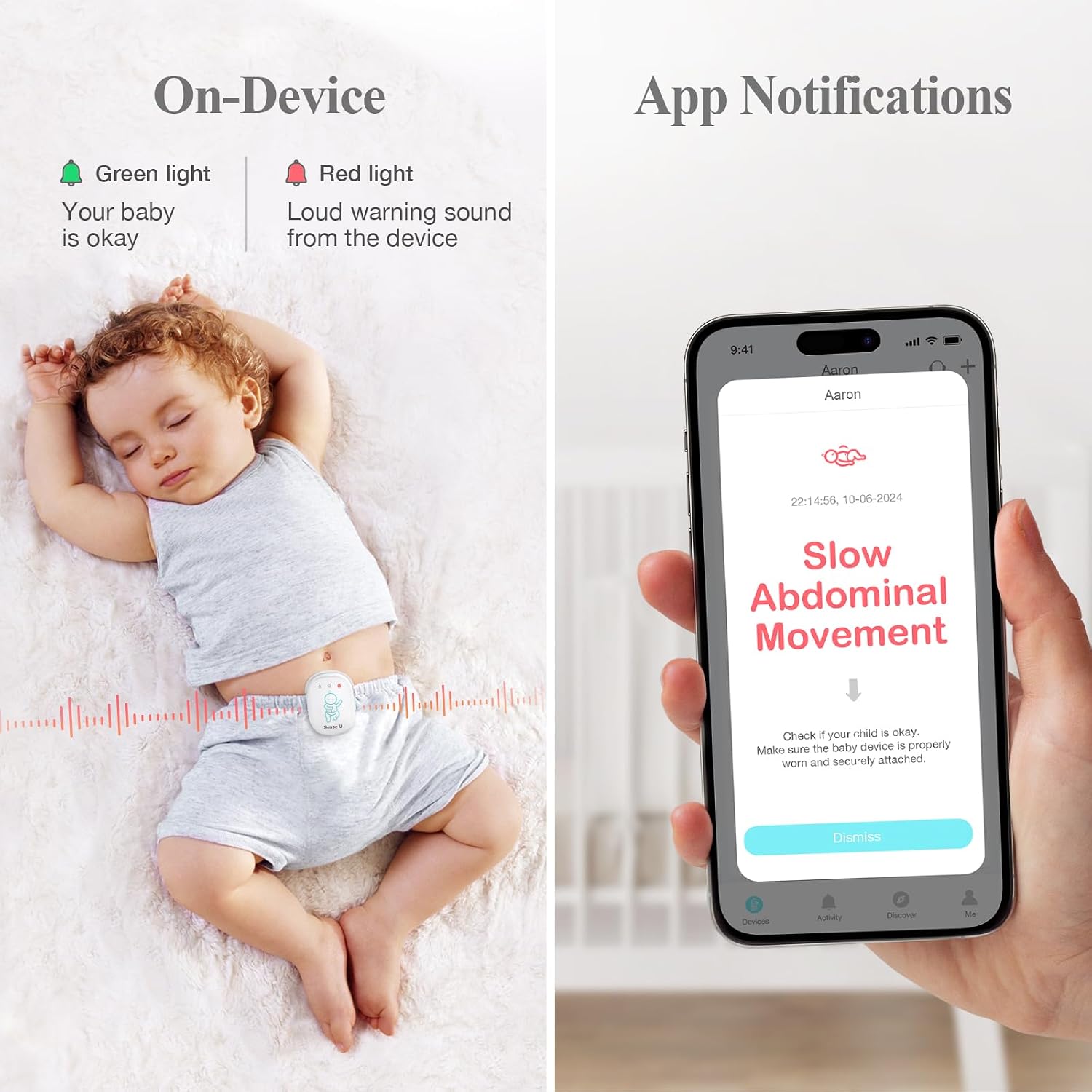 Sense-U Pro Baby Monitor – Breathing Movement, Rollover & Overheating Trackers for Better Sleep, Simple Clip-On Smart Sleep Monitor with Arousal Vibration, Audible Alerts & Sleep Analysis