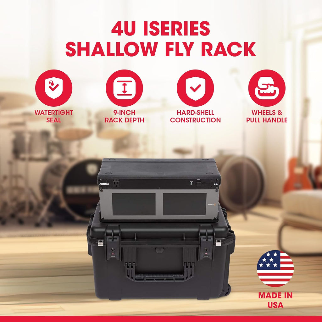 SKB iSeries 4U Shallow Fly Rack, Waterproof Polypropylene Hard Case with Durable Latches for Travel and Storage, Ideal for Musicians, 9 Inch, Black