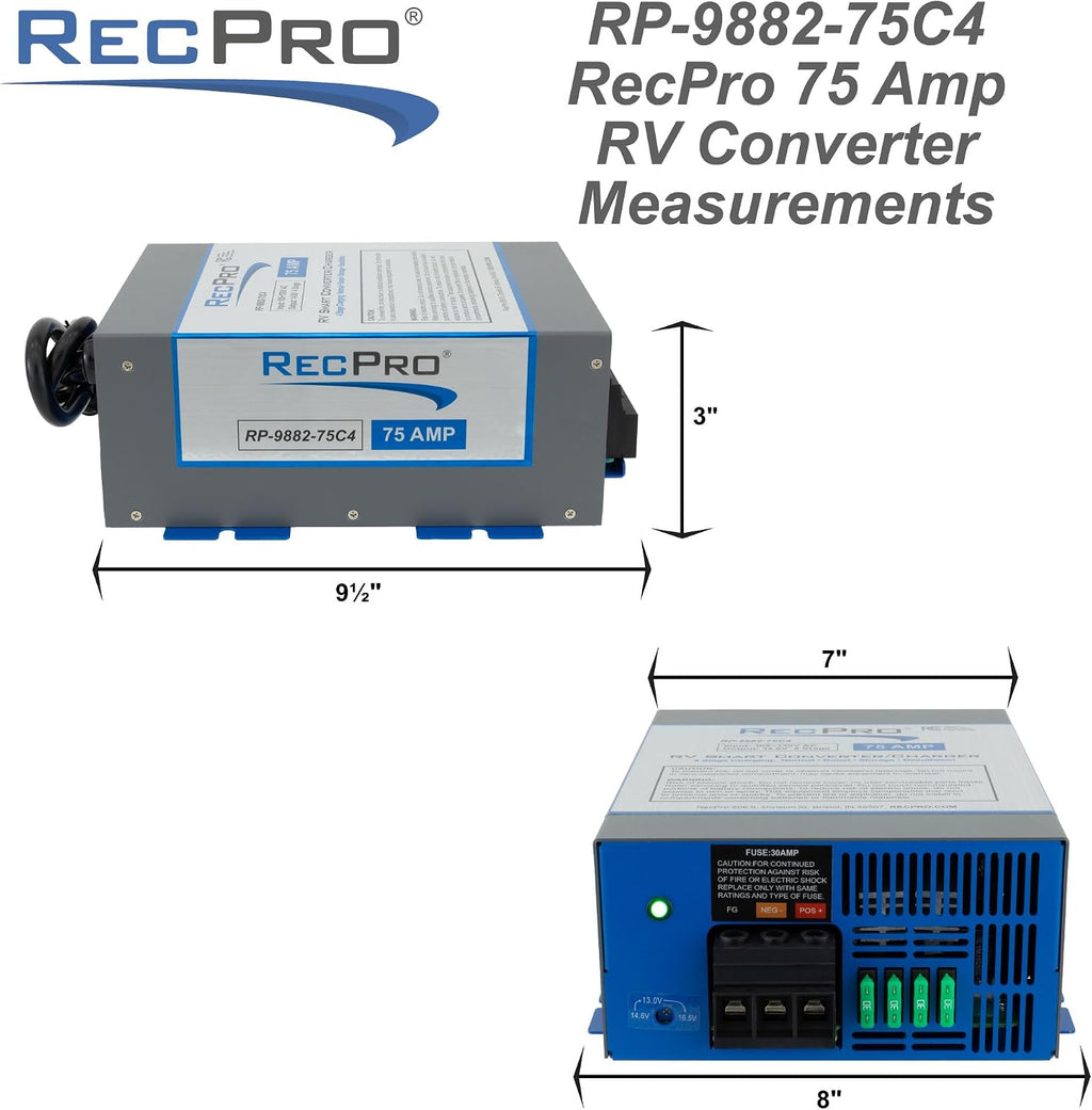RecPro RV Converter 75 Amp | RV Power Converter & Battery Charger | 4 Stage Smart Charging | 120VAC to 12VDC | 13V to 16.5V Operating Range