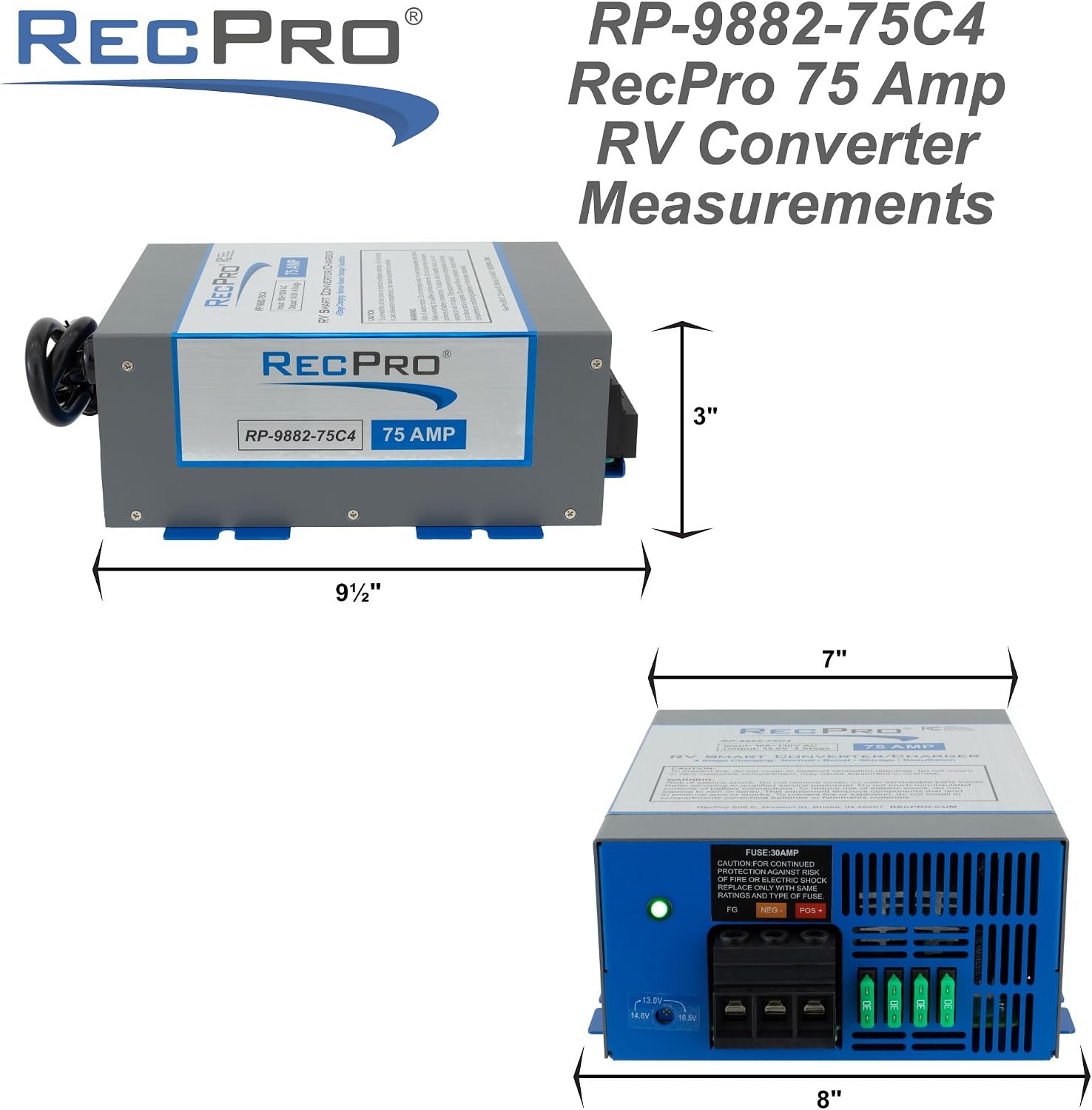 RecPro RV Converter 75 Amp | RV Power Converter & Battery Charger | 4 Stage Smart Charging | 120VAC to 12VDC | 13V to 16.5V Operating Range