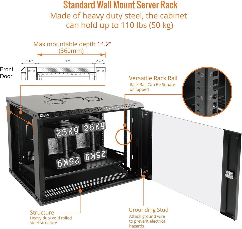 Tecmojo 9U Wall Mount Server Cabinet IT Network Rack Enclosure Lockable Door and Side Panels Black,Cooling Fan, Glass Door, 17.7inch Depth,for 19' IT Equipment, A/V Devices
