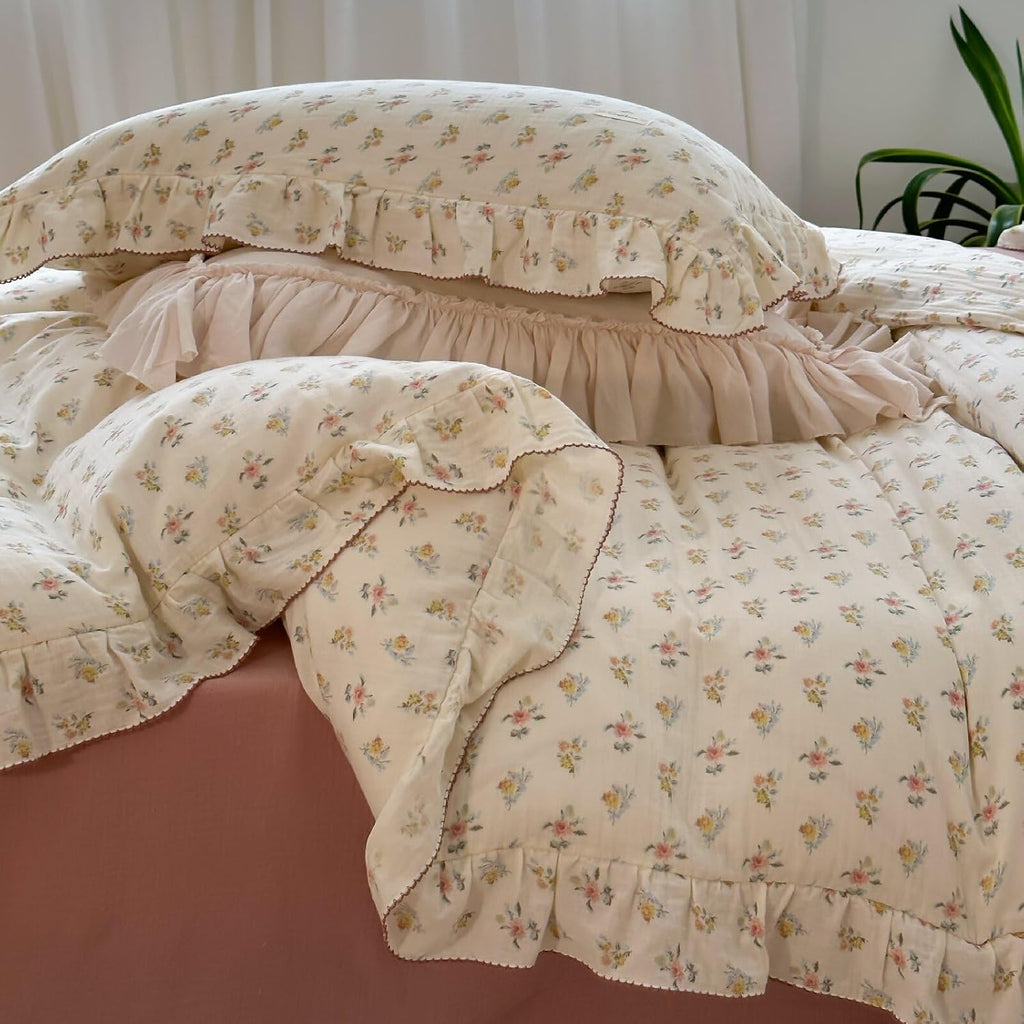 BuLuTu Azalea Floral Print Duvet Cover King Size, Chic Shabby Bedding Set 3 Pieces, Cotton Muslin Comforter Cover with Ruffles, Soft Lightweight Quilt Cover King, All Seasons