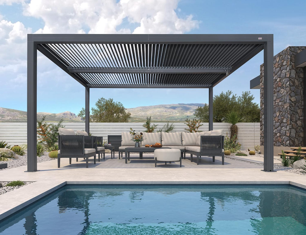 PURPLE LEAF Louvered Pergola 94AS 11' x 14' Outdoor Aluminum Pergola with Adjustable Roof for Deck Backyard Garden Grey Hardtop Gazebo