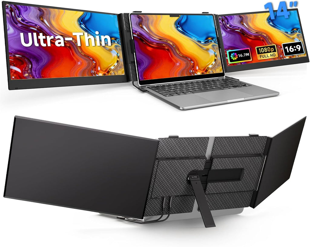 BOSII Laptop Screen Extender Monitor - Triple 14' Ultra Thin IPS FHD 1080P Portable Monitors for 13.3'-17' Laptops Compatible with Windows Mac Travel Work