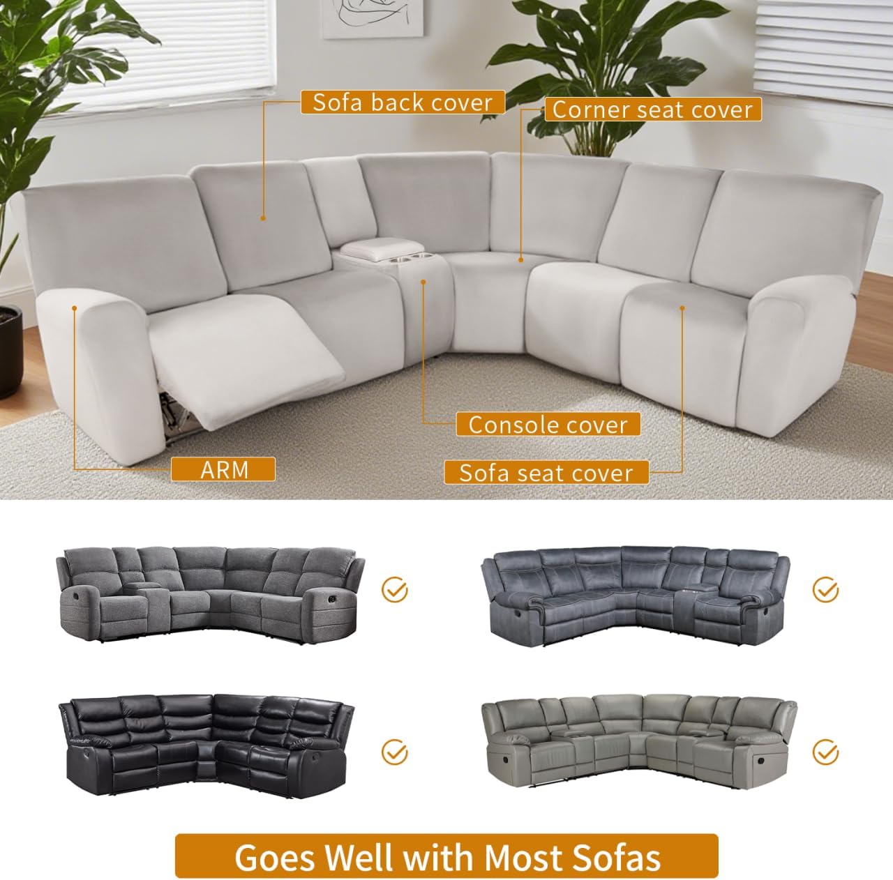 HDCAXKJ Reclining Sectional Couch Covers Velvet L Shaped Sectional Sofa Cover Washable Stretch Soft Corner Recliner Slipcover with Non-Slip Elastic Bottom (5 Seat Recliner Couch, Air Gray)