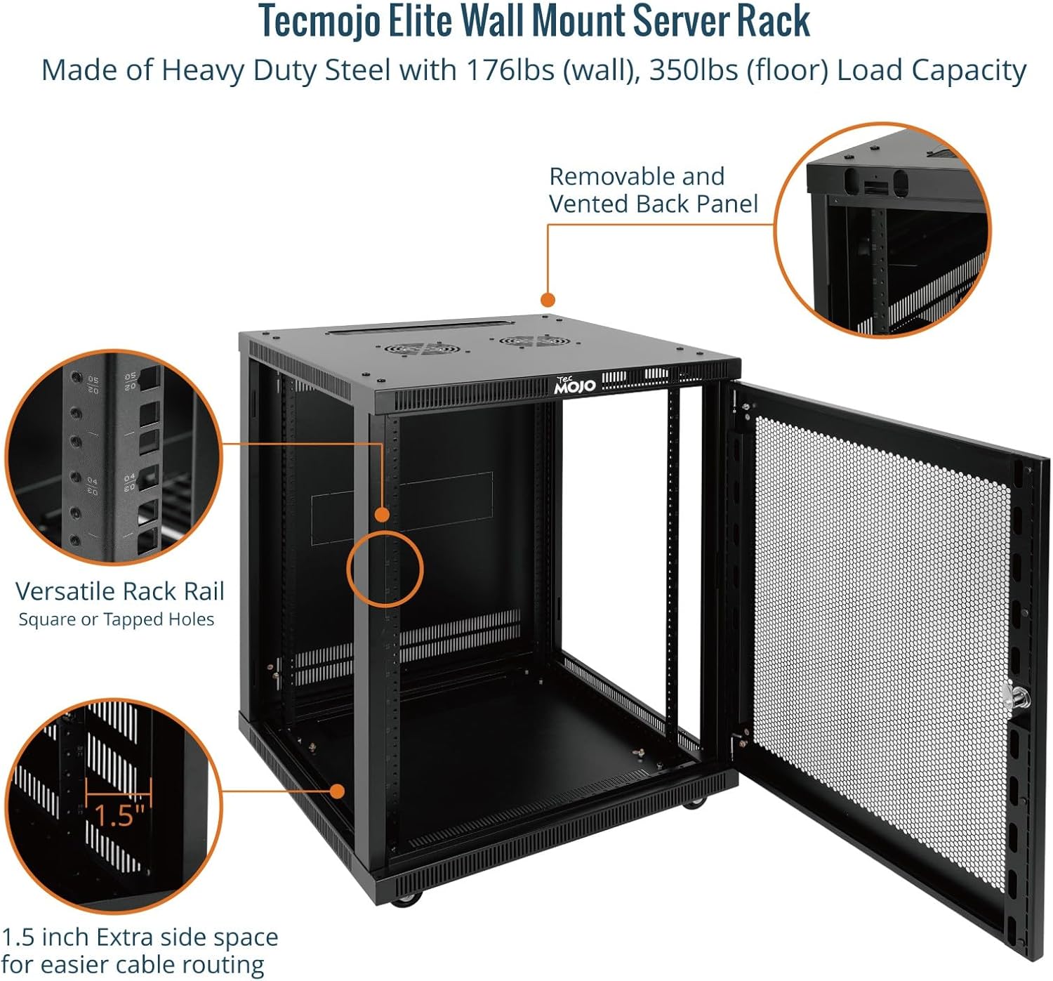 Tecmojo 15U Wall Mount Rack,15U Rack 23.6 Inch Depth,Hold Up to 176 Lbs,Enclosed Rack with 2 Colling Fans,for 19 Inch Network,Server and AV Gear,Mesh Door(Elite Collection)