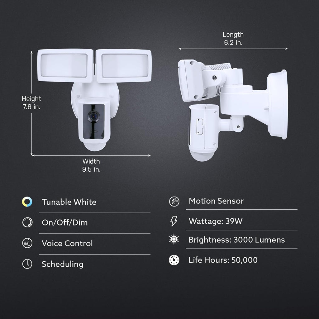 Feit Electric SEC3000/CAM/WIFI Outdoor LED Smart Security Camera with Motion Sensor, 2-Way Audio, 39-Watt Floodlight, Works with Alexa and Google Asst, Alarm, Hardwired, 128 GB Micro SD Card Storage