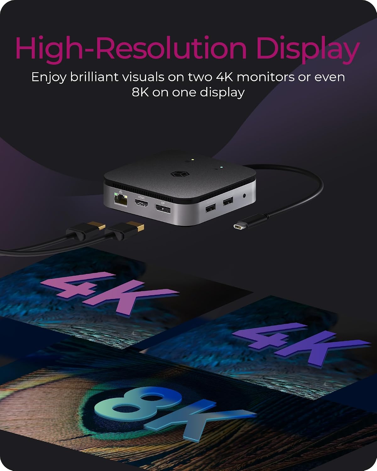 ICY BOX USB4 Docking Station (7-in-1) for 2 monitors (1x HDMI and 1x DP), 4K 120Hz / 8K 30Hz, 3x USB 3.1 Gen 2 (10 Gbps), 60W Power Delivery, Gigabit Ethernet, Audio, IB-DK408-C41