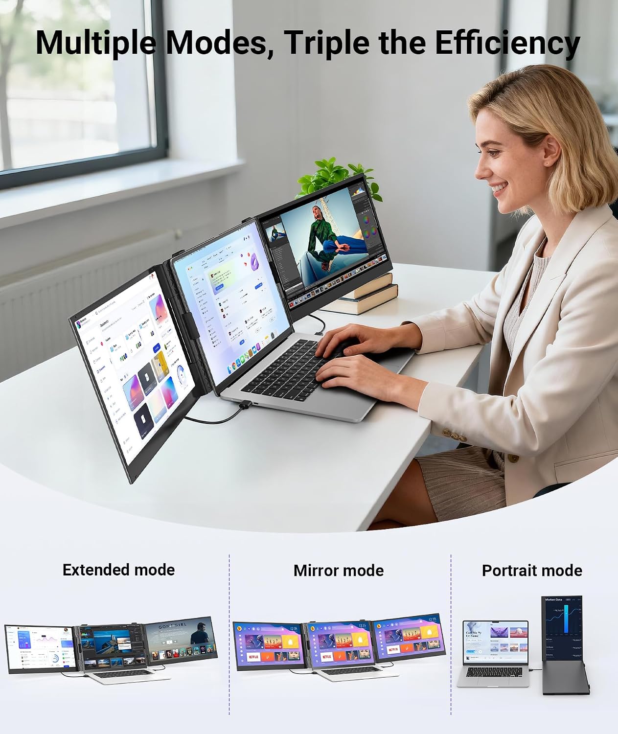14' Triple Laptop Screen Extender, Ultra-Thin FHD 1080P Portable Monitor, 2.2lbs Lightweight Plug & Play Travel Monitor for 13'-17' Laptops, Compatible with Windows/Mac/Android/Chrome