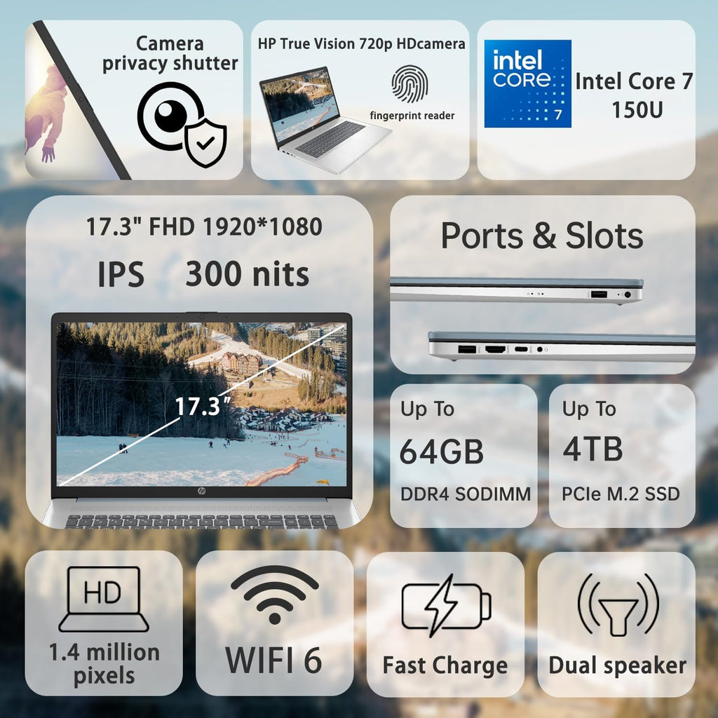 HP 2025 Essential Laptop, 17.3' FHD, Intel Core 7 150U (Beats i7 1335U), 32GB RAM, 1TB SSD, Fingerprint Reader, Backlit Keyboard, Wi-Fi 6, Win 11 Pro, Blue, Bundle with ADATA 512 External SSD