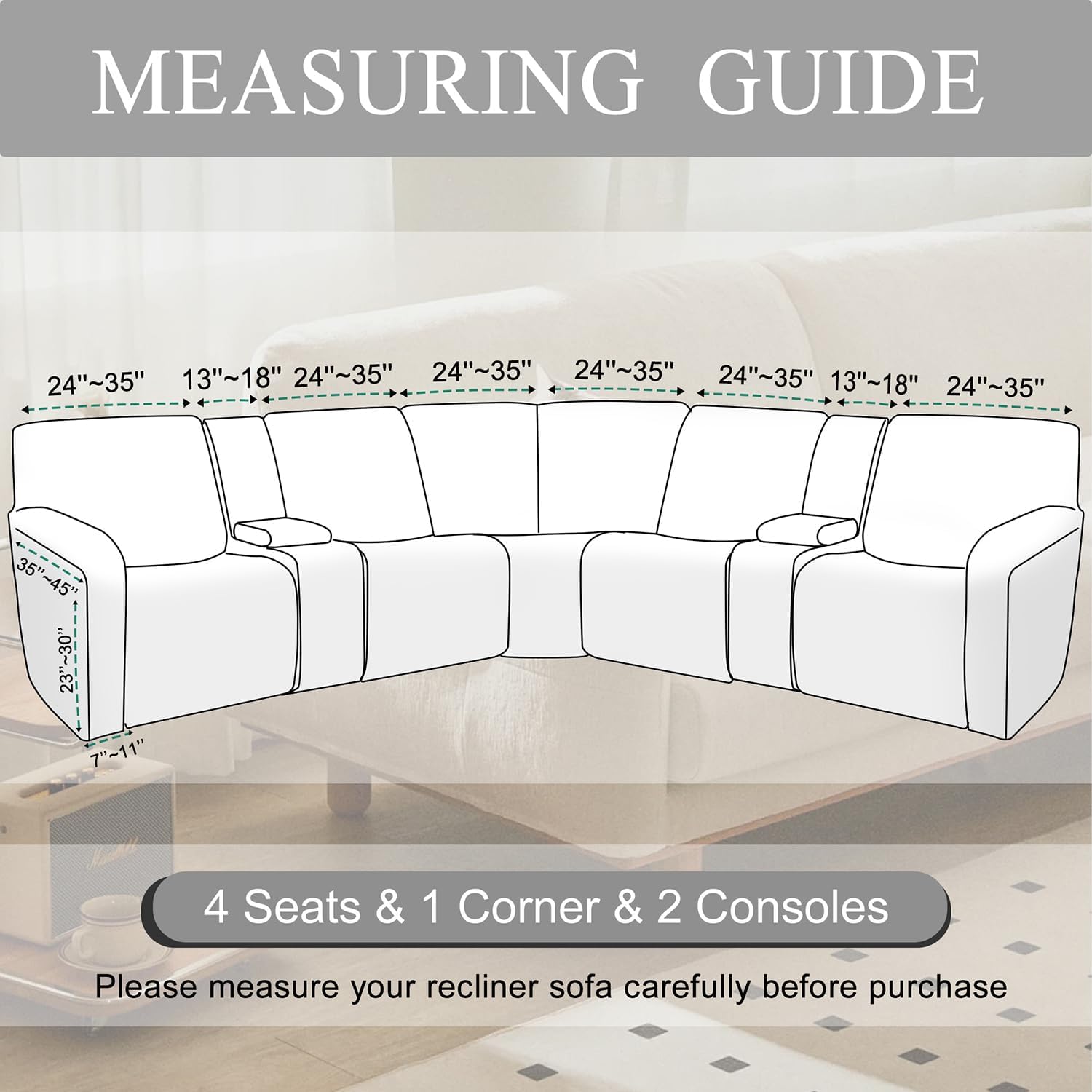 HDCAXKJ Reclining Sectional Couch Covers Velvet L Shaped Sectional Sofa Cover Washable Stretch Soft Corner Recliner Slipcover with Non-Slip Elastic Bottom (5 Seat and 2 Middle Console, Camel)