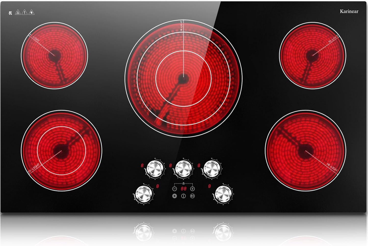 Karinear 36 inch Electric Cooktop, 5 Burner Radiant Cooktop with Knob & Touch Control, 9200W 240V Built-in Stove Top, 9 Power Levels, Timer, Child Lock, Pause, Residual Heat Indicator(Sliver Knob)