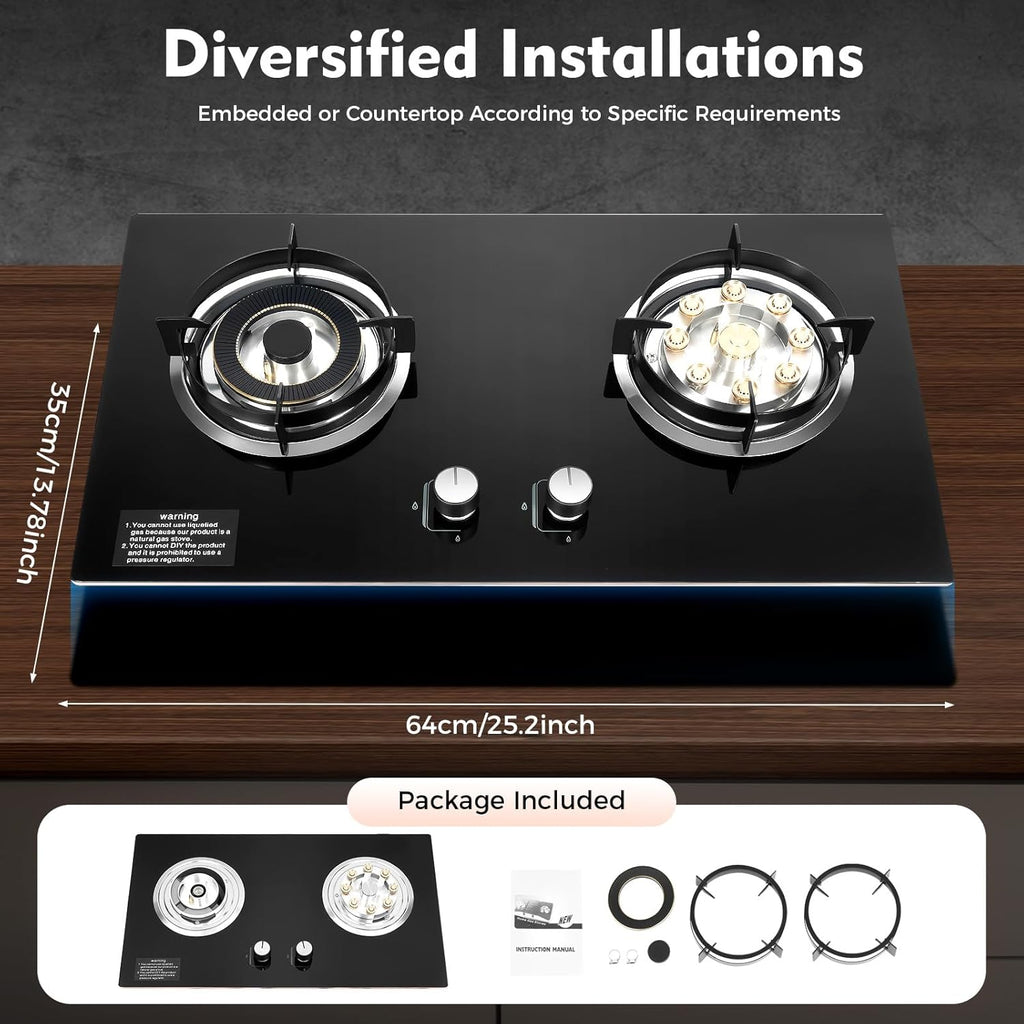 28' Black Gas Cooktop 2-Burner Cooktops with Strong Flame Natural Gas Stove, Built-In Countertop Gas Stovetop Cooktops Gas Cooker for Griddle, Pan