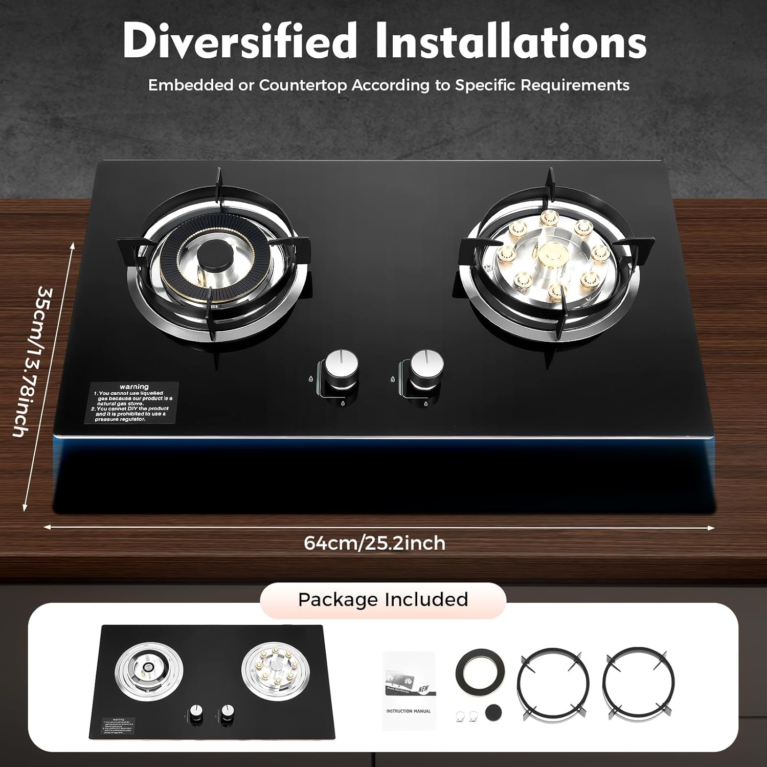 28' Black Gas Cooktop 2-Burner Cooktops with Strong Flame Natural Gas Stove, Built-In Countertop Gas Stovetop Cooktops Gas Cooker for Griddle, Pan