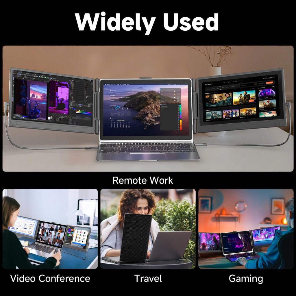 Triple Laptop Screen Extender, Upgraded 14' 1080P FHD IPS Laptop Monitor Extender, Plug & Play LCD Type-C/USB-A/HDMI Travel Monitor for Laptops 13'-17', Fits Windows Mac Linux Chrome