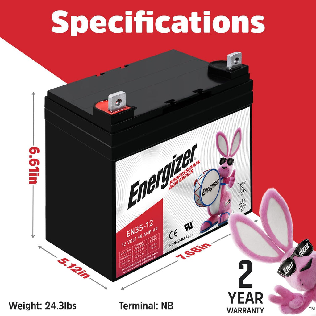 Energizer EN35-12 - 2 PACK - 12 Volt 35 Amp Hr, Long Lasting Sealed Lead Acid AGM Rechargeable Battery Ideal For Use In Wheelchairs, Electric Scooters, Backup Power, and more