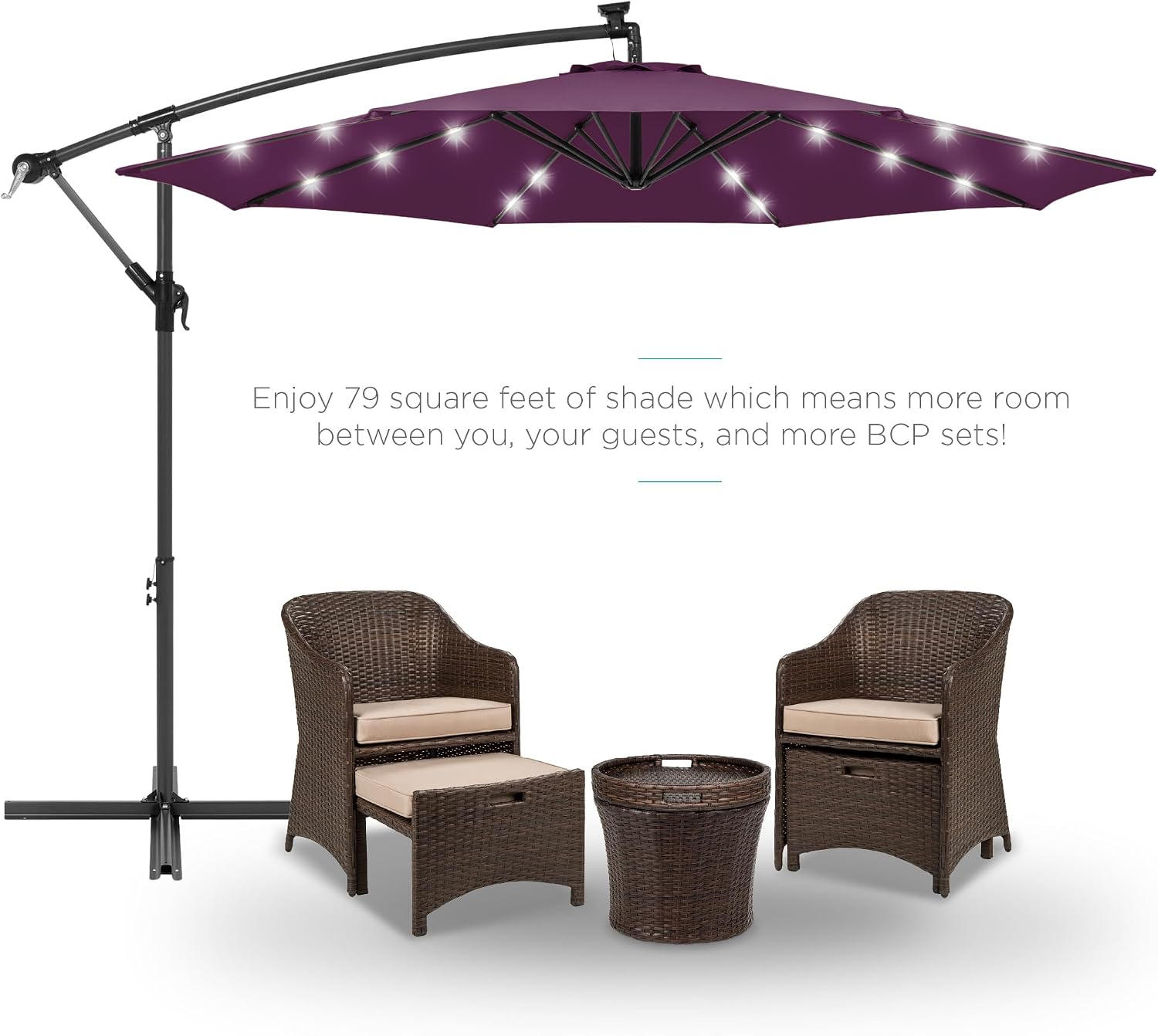 Best Choice Products 10ft Solar LED Offset Cantilever Hanging Market Patio Umbrella, 8 Sturdy Ribs, Easy Adjustment - Amethyst Purple