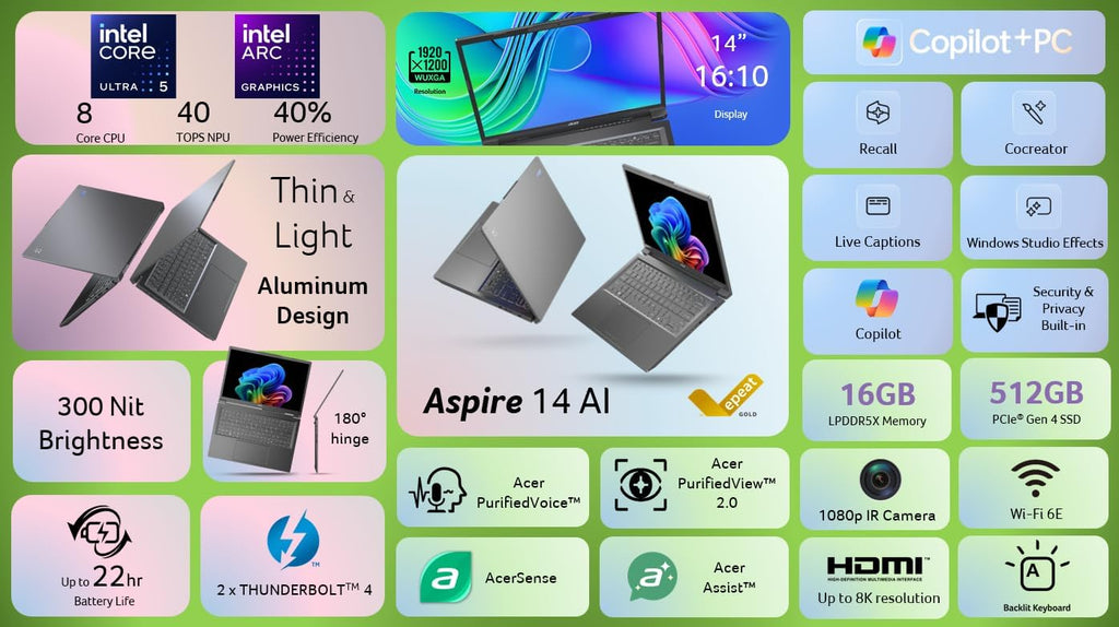 acer Aspire 14 AI Copilot+ PC | 14' WUXGA Display | Intel Core Ultra 5 Processor 226V | NPU: Up to 40 Tops - GPU: Up to 53 Tops | Intel ARC 130V | 16GB LPDDR5X | 512GB SSD | Wi-Fi 6E | A14-52M-51S1