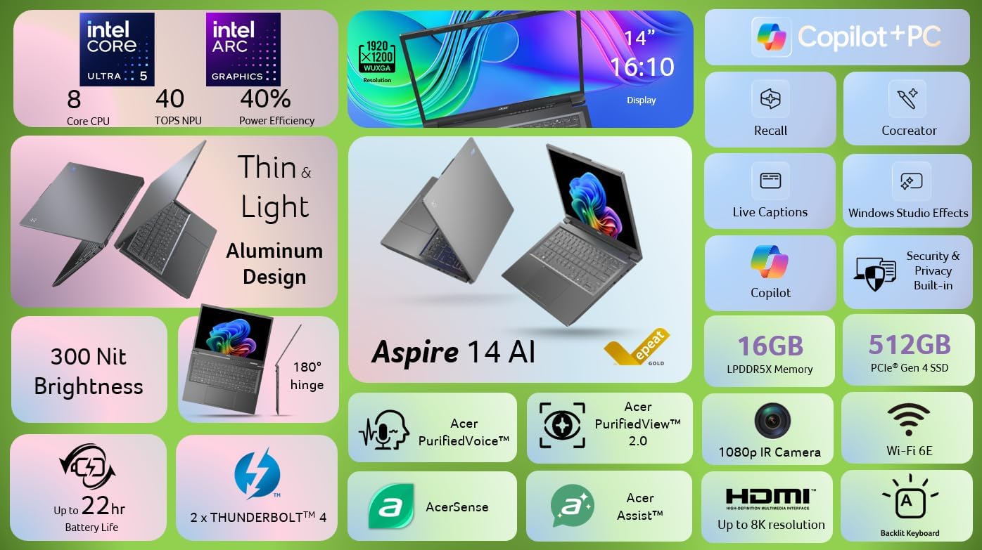 acer Aspire 14 AI Copilot+ PC | 14' WUXGA Display | Intel Core Ultra 5 Processor 226V | NPU: Up to 40 Tops - GPU: Up to 53 Tops | Intel ARC 130V | 16GB LPDDR5X | 512GB SSD | Wi-Fi 6E | A14-52M-51S1