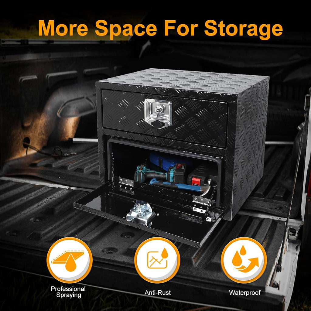 24' Truck Tool Box With One Lower Door and drawer,Heavy-Duty Aluminum 5 Bar Tread Double-layer Toolbox, 24'x 20'x 18' Truck bed Tools Storage Organizer W/Lock and Keys For Truck, Van, Trailer