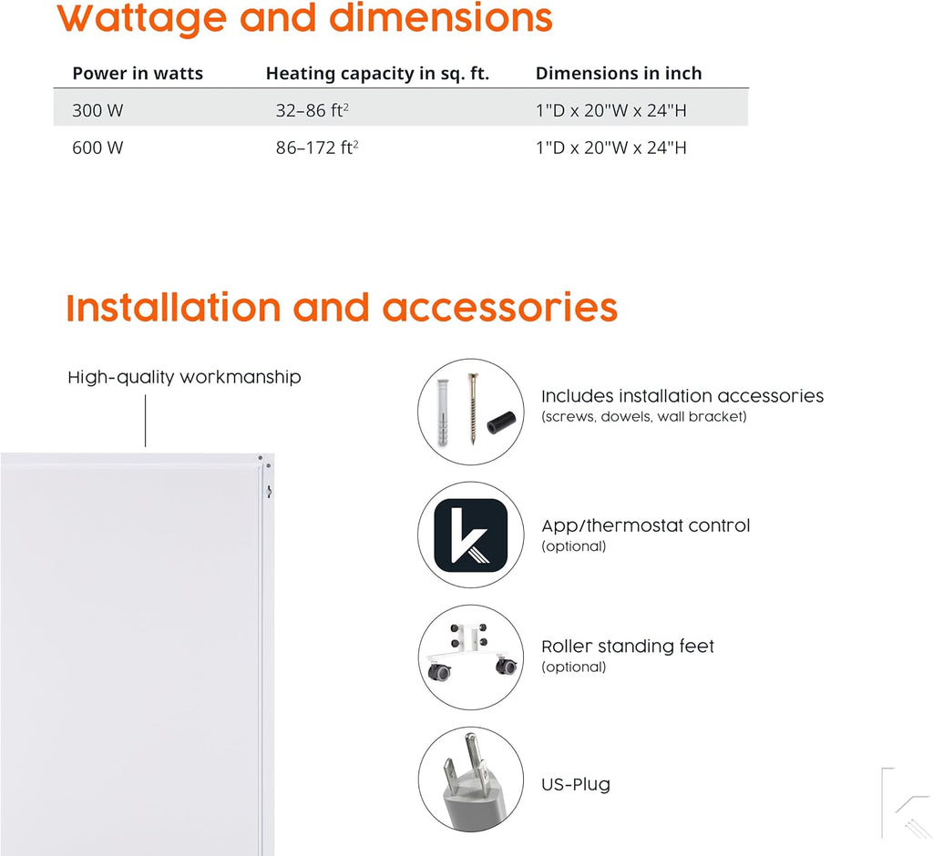 Infrared Space Heater 600W - suited for 86-142ft² - energy efficient electric heating - wall-mounted - warms up quickly - over-heating protection - silent - carefree - pleasant warmth