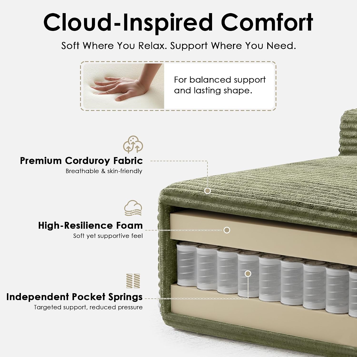 Modular Sectional Sofa Couches, 96' L-Shaped Cloud Boneless Couch with Left Chaise Lounge & Side Pockets for Living Room | No Assembly Required | Corduroy Fabric, Green