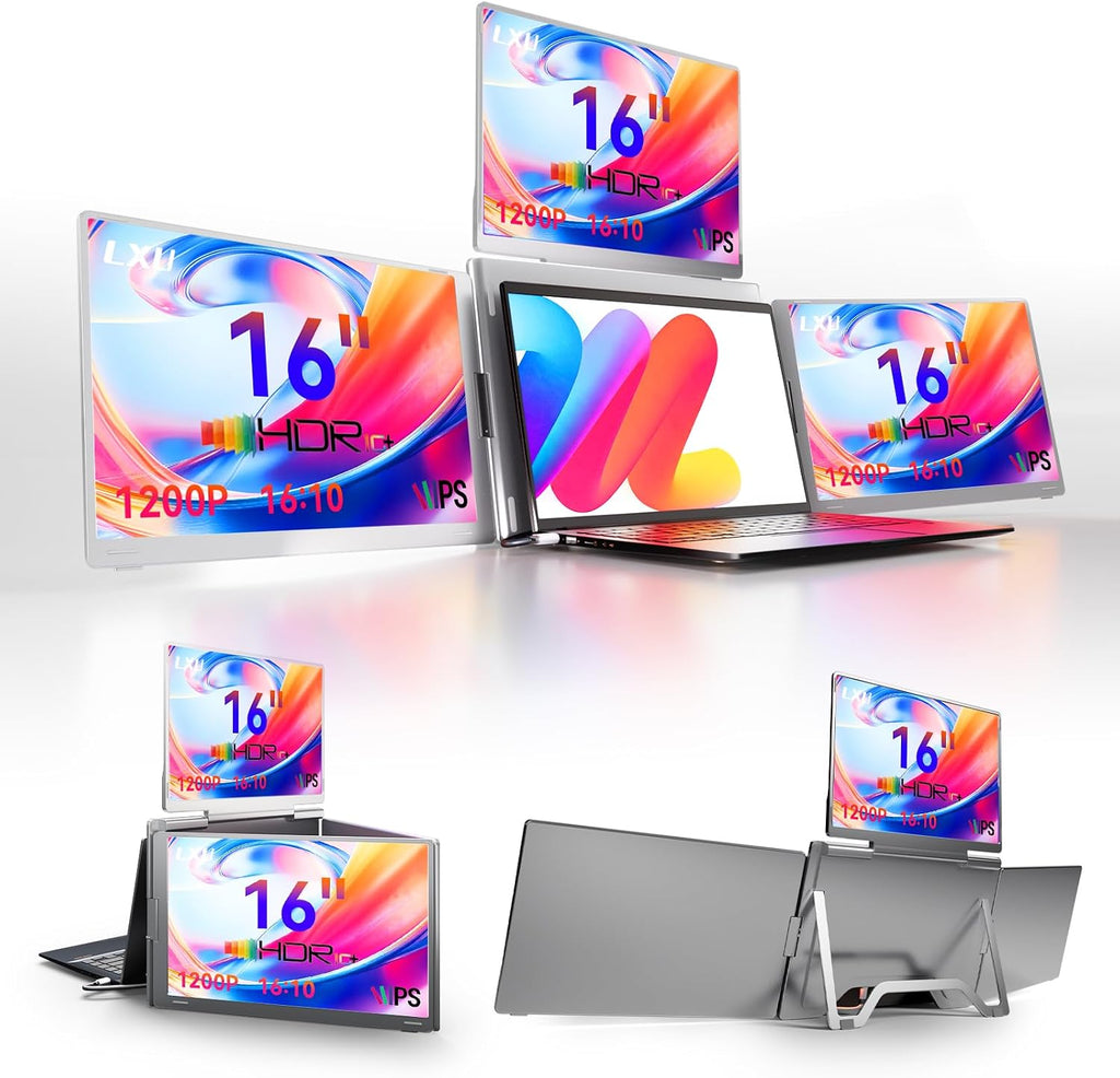 LXU 16' Quad Laptop Screen Extender, 1 Cable for 4 Screens(Quad Monitor), 1200P WUXGA Portable Triple Monitor for Laptops 13~18.5', Auto Sensing Top Screen with Metal Kickstand, Driver Needed, S788