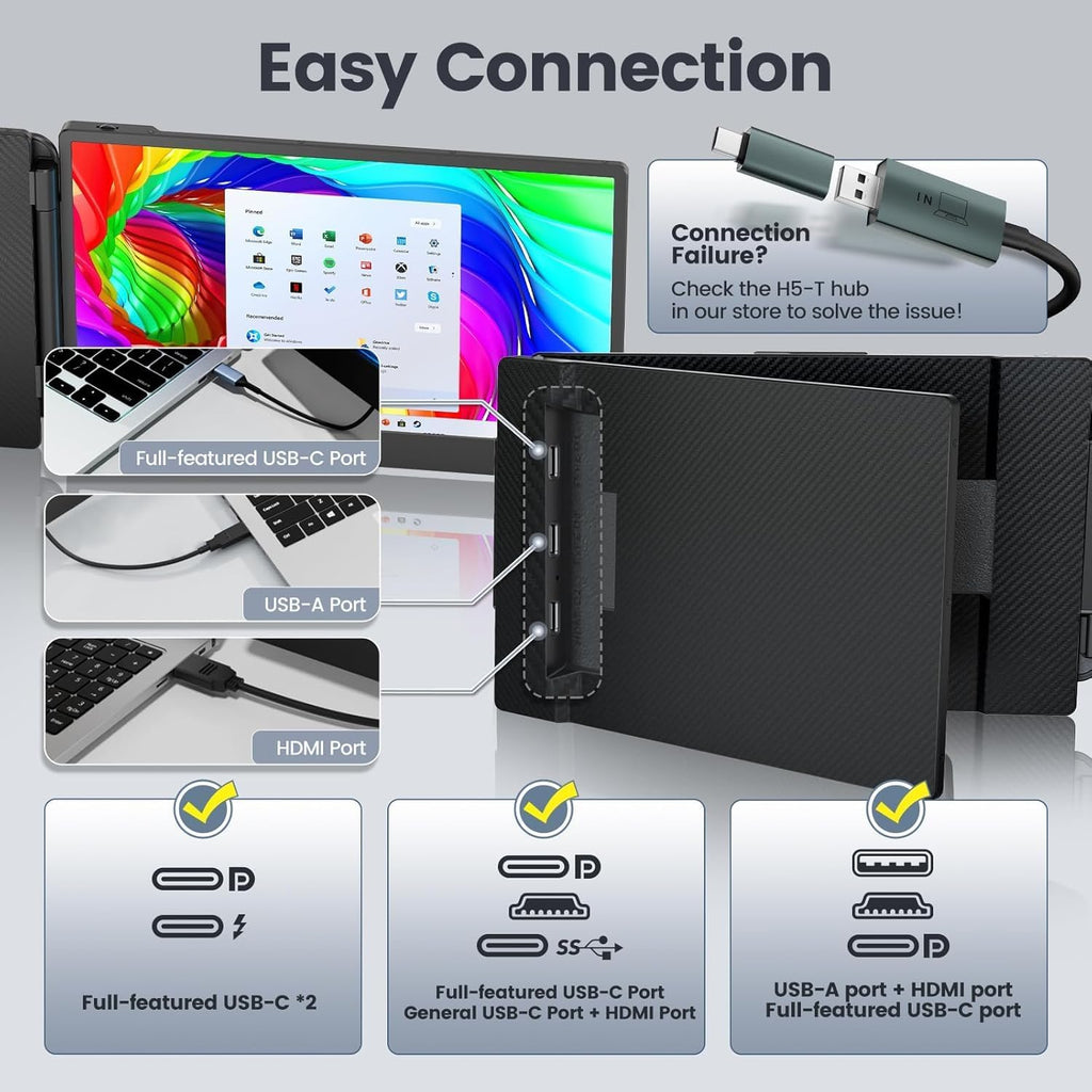 Teamgee 14' Laptop Screen Extender, FHD 1080P IPS Triple Portable Monitor for 13''-17' (Diagonal) Laptop, HDMI/USB-A/Type-C Plug & Play, Built-in Speakers & Adjustable Stand, for Mac/Wins/Android/Dex