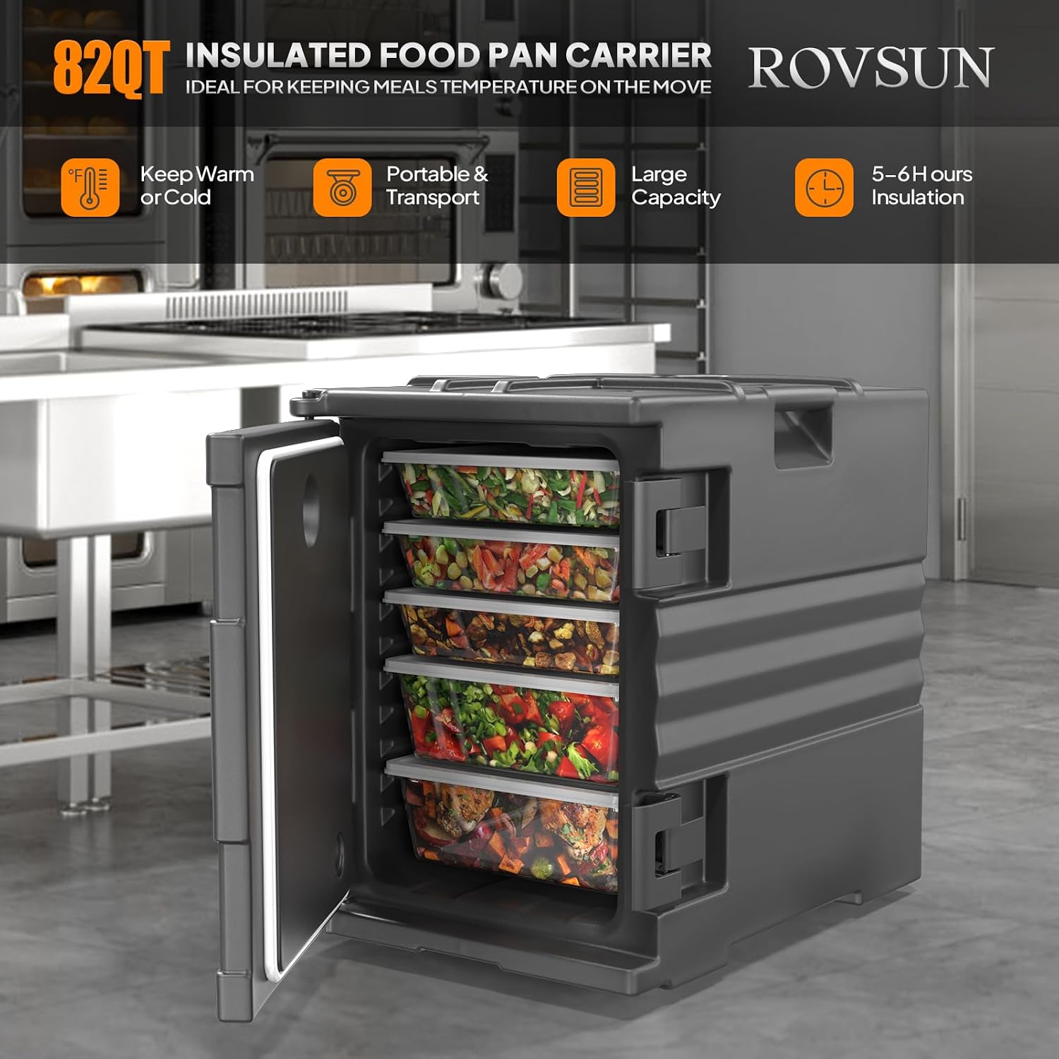 ROVSUN 82 QT Food Warmer, Catering Food Warmers Insulated Food Pan Carrier w/4 NSF Full-Size Pans Wheels Double Buckles and Handles, Stackable Hot Boxes for Catering Restaurant Canteen Family Party