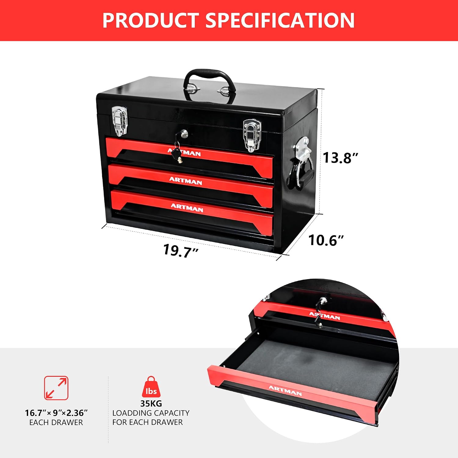 3-Drawer Handheld Toolbox, 3 Drawer Heavy Duty Metal Organizer Box with Lock, Portable Tool Organizer Case for Auto Repair, Garage, Warehouse, Workshop, Repair Shop