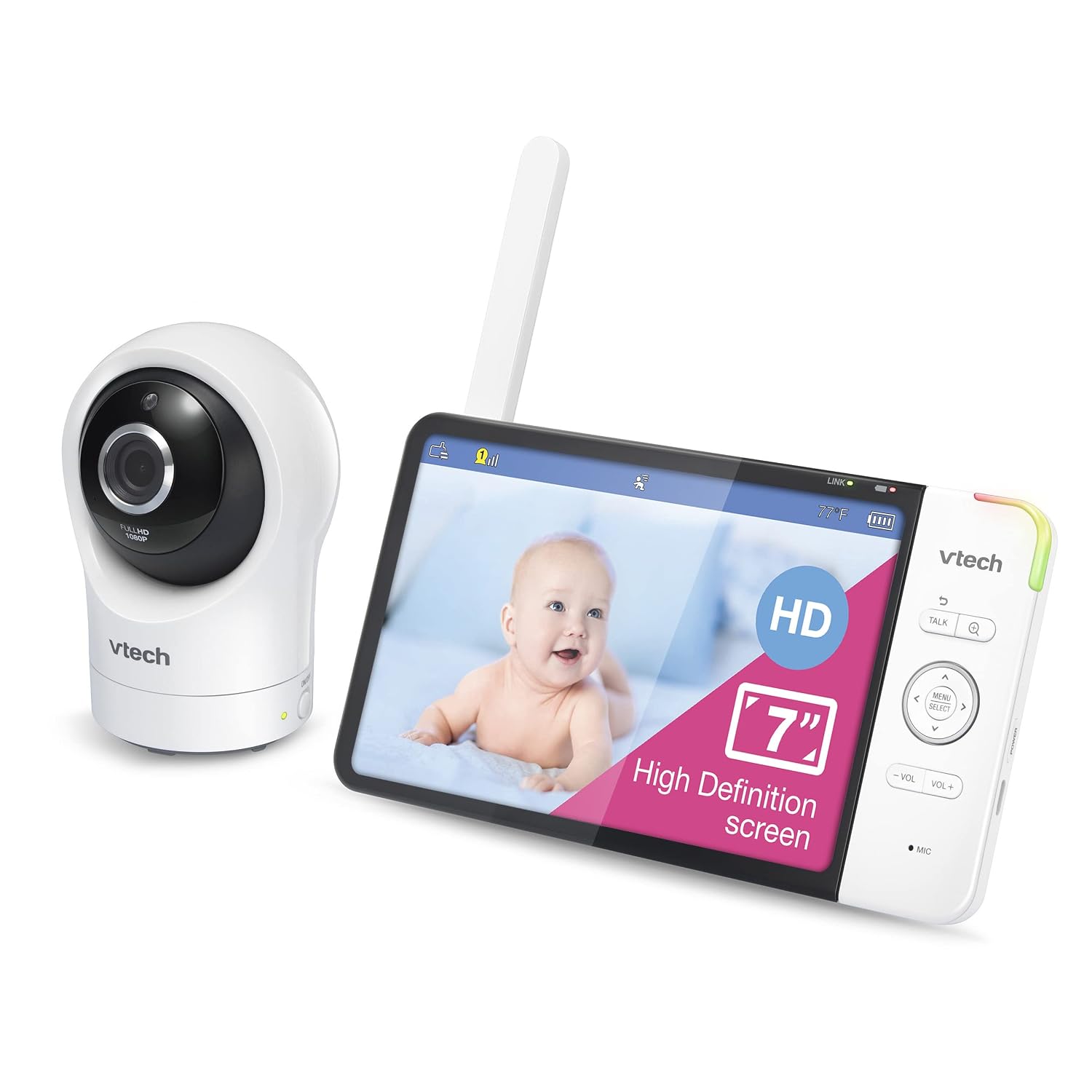 VTech RM7764HD 1080p WiFi Remote Access Baby Monitor, 360° Pan&Tilt, 7' 720p HD Display, HD Night Vision, Soothing Sounds, 2-Way Talk, Temperature Sensor, Motion Detection, iOS & Android