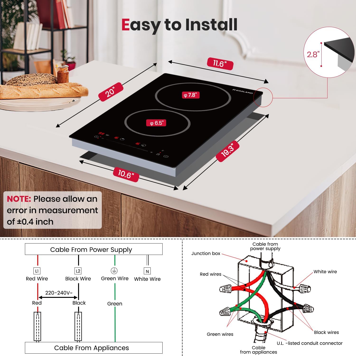 GASLAND 12 Inch Electric Cooktop 2 Burner ETL Certified, 3000W Built-in Electric Radiant Glass Stove Top with 16 Power Levels, 220V Ceramic Hob, Keep Warm, Slide Touch Control & Timer