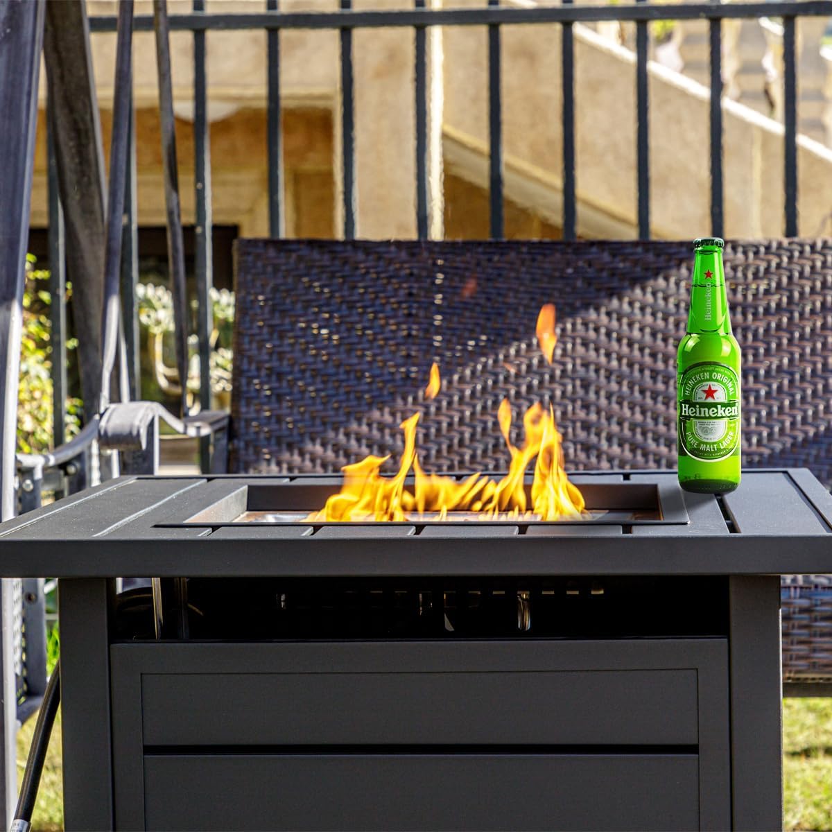 OutVue 28 inch Propane Fire Pit Table, Outdoor Gas Fire Pits with Lid & Lava Rock, 50000 BTU Firepit for Dinning, Party in Outside, Patio, Garden or Yard (Black)
