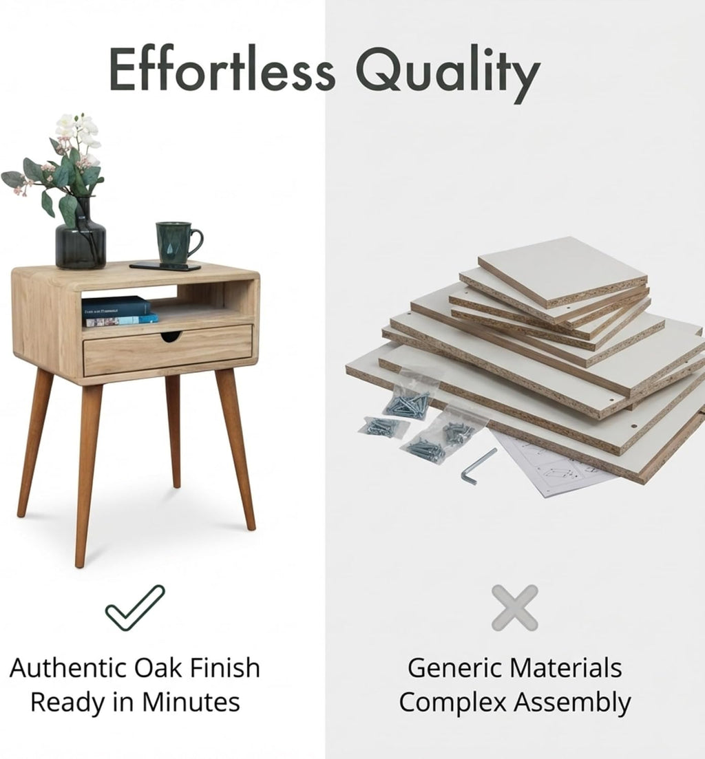 Ultimate Premium Products Mid Century Nightstand with Drawer Solid Oak Bedside Table with Shelf Nightstand Organizer Unique Style Handmade Bedroom Furniture - Oak