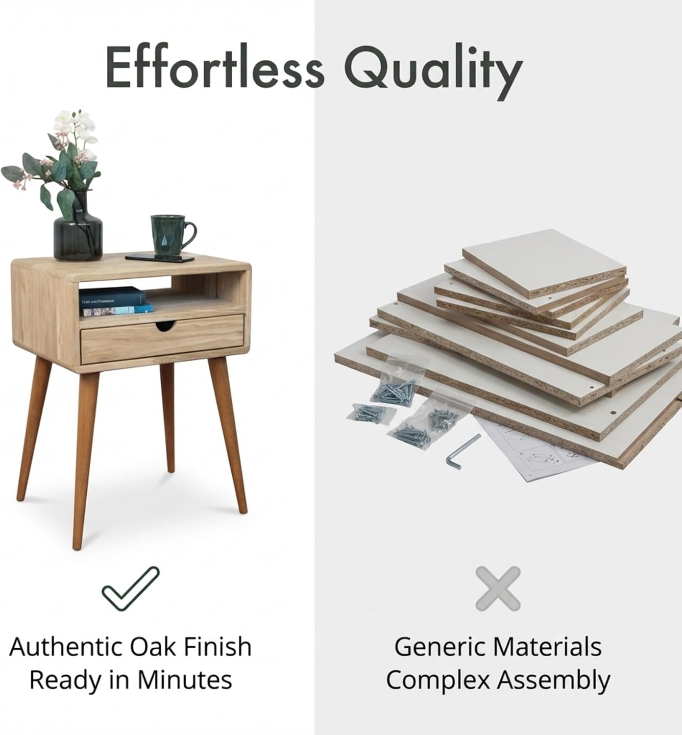 Ultimate Premium Products Mid Century Nightstand with Drawer Solid Oak Bedside Table with Shelf Nightstand Organizer Unique Style Handmade Bedroom Furniture - Oak