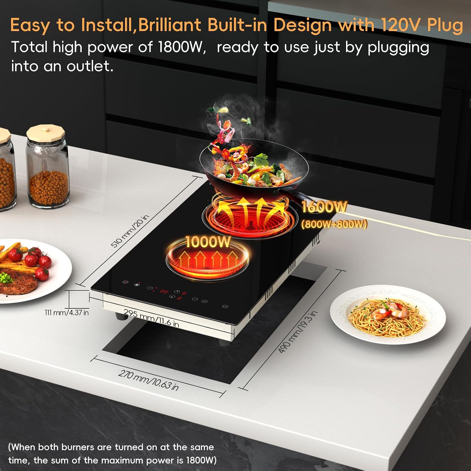 Electric Cooktop 2 Burner, 1800W Radiant Electric Stove Top 120V with Countertop & Built-in Design, 12 inch Touch Control Ceramic Cooktop with Safety Lock, 9 Level Power, Timer - Plug in