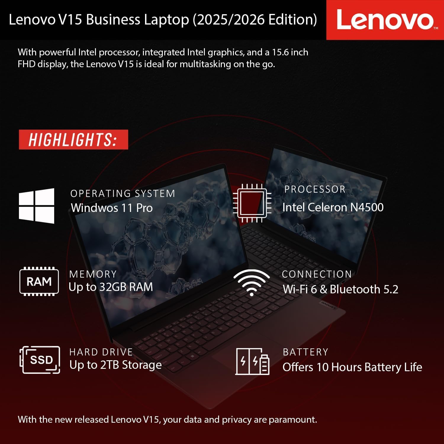 Lenovo 2025-2026 New Generation V15 Business and Student Laptop | 15.6' FHD Display | Intel High-Performance CPU | 8GB RAM | 512GB SSD | Ultra-Quiet Design | Long Battery Life | Windows 11 | WOWPC