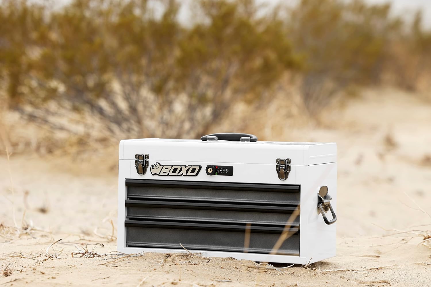 BOXO USA Heavy Duty Toolbox 103 Piece MotoBox Hand Carry Tool Box with Locking System for Motorcycle, Dirt Bike, Dual Sport (White)