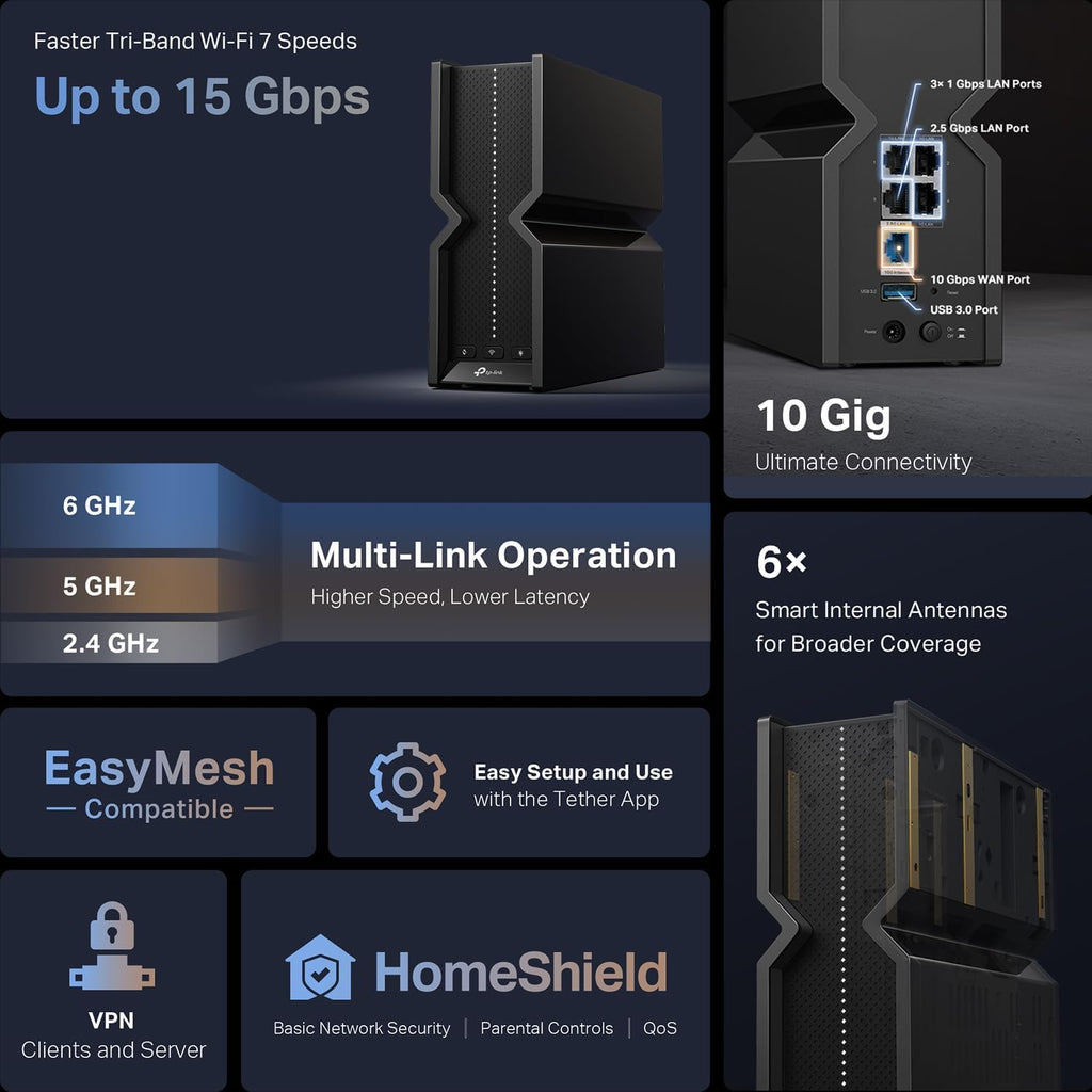 TP-Link Tri-Band BE15000 WiFi 7 Router Archer BE700 | 8-Stream 15Gbps | 1×10G+1×2.5G+2×1G Ports, USB 3.0 | 6 Internal Antennas | VPN Clients & Server | Easy-Mesh, MLO, Private IOT, Free Expert Support