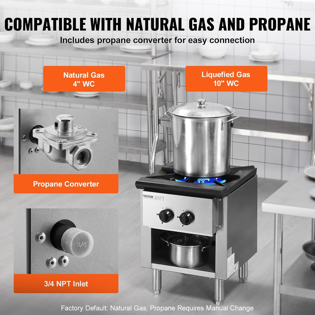 VEVOR Commercial Gas Stove with Cabinet, Propane and Natural Gas Countertop Cooking Stove Range, Stainless Steel Gas Hot Plate, Commercial Cooking Equipment for Restaurant, 90,000 BTU