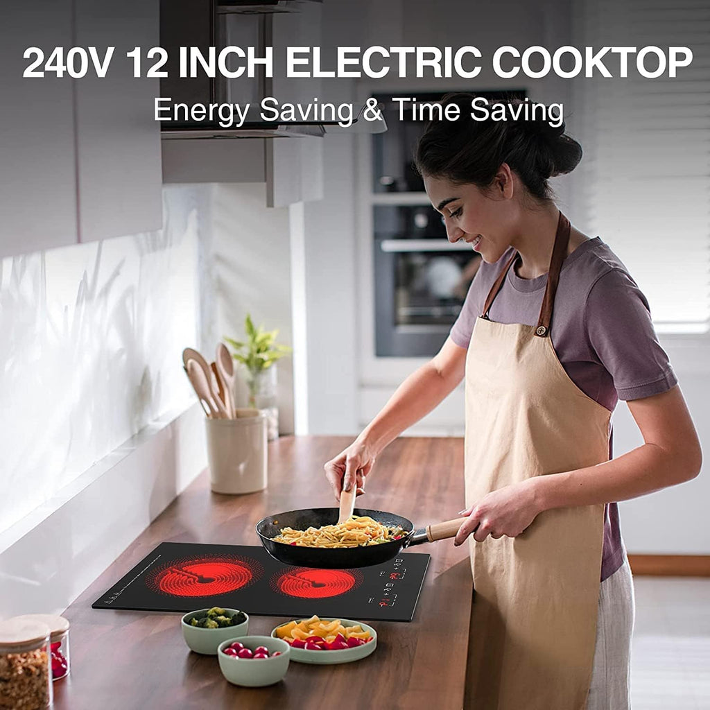 Electric Cooktop 2 Burner, 3000W Electric Stove Top 12' Plug in, 220-240V Burner Countertop and Bulit in,9 Power Levels,Suitable for All Pans,Infrared Burner