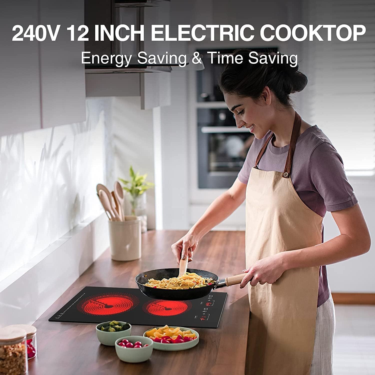 Electric Cooktop 2 Burner, 3000W Electric Stove Top 12' Plug in, 220-240V Burner Countertop and Bulit in,9 Power Levels,Suitable for All Pans,Infrared Burner